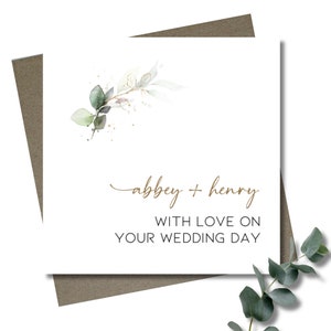 Personalised wedding card & envelope. 12.5cm square card. Customised. Bride and Groom. Eucalypt and gold greenery branch. Rustic.