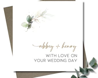 Personalised wedding card & envelope. 12.5cm square card. Customised. Bride and Groom. Eucalypt and gold greenery branch. Rustic.