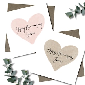 Personalised Anniversary card & envelope. 12.5 x 12.5cm square card. Customised heart card. Pink. Beige. Husband Wife. Handwritten font.