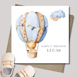Personalised blue air balloon with lion birthday card & envelope. 12.5cm sq. card. Customised boy card. First birthday. Any age.
