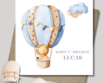 Personalised blue air balloon with lion birthday card & envelope. 12.5cm sq. card. Customised boy card. First birthday. Any age.