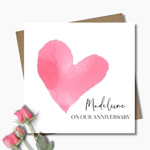 Personalised Anniversary card & envelope. 12.5cm square card. Customised love card. Watercolour pink red heart. Modern handwritten font.