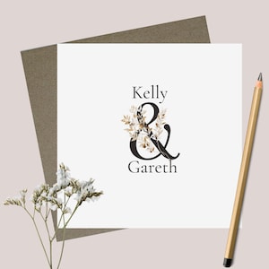 Personalised wedding card & envelope. 12.5cm square card. Customised. Bride and Groom. Date. Dried flower. Rustic. Minimal.