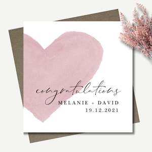 Personalised wedding card & envelope. 12.5cm square card. Customised Bride and Groom heart card. Modern script font. Couple's name and date.
