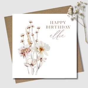 Personalised gift card and envelope. 12.5cm square. Customised wildflower name birthday card. Dried flower card. Floral.