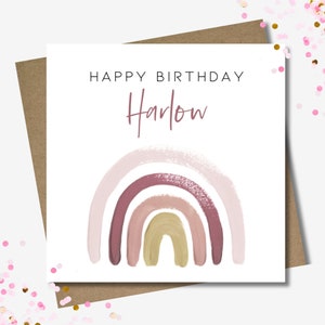 Personalised children's name rainbow birthday card & envelope. 12.5cm square card. Customised Girl pink card.
