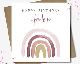 Personalised children's name rainbow birthday card & envelope. 12.5cm square card. Customised Girl pink card.
