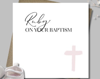 Personalised Boy/Girl Baptism card & envelope. 12.5cm square card. Customised Christening. Holy Communion card. Blue, pink or natural cross.