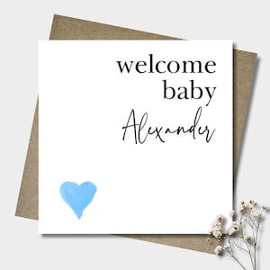 Personalised new baby boy card & envelope. 12.5cm square card. Customised. New baby. Welcome card. Blue heart. Handwritten font.