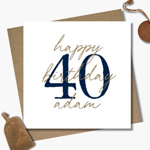 Personalised vintage blue birthday card & envelope. 12.5cm card. Customised. Happy Birthday. Navy blue and gold.
