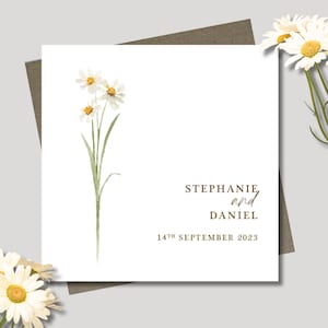 Personalised wedding card & envelope. 12.5cm square card. Customised. Bride and Groom. Date. Daisy  Rustic.