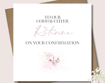 Girl Baptism Christening card & envelope. Customised card. Personalised Pink cross and flowers.Goddaughter.Niece.Daughter.Granddaughter.