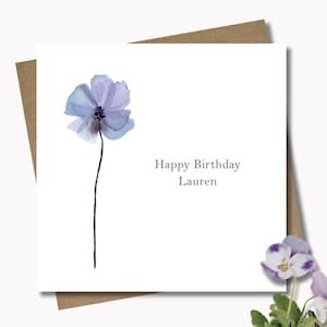 Personalised gift card and envelope. 12.5cm square. Customised wildflower blue pansy name birthday card. Pressed flower card. Floral.