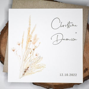 Personalised wedding card & envelope. 12.5cm square card. Customised. Bride and Groom. Simple dried flower bunch branch. Rustic natural.