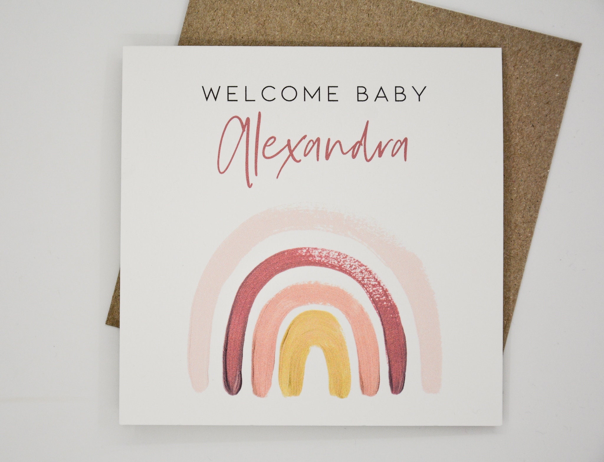 Personalised new baby rainbow card & envelope. 12.5 x 12.5cm square c…