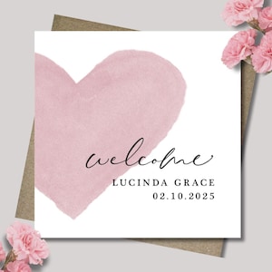 Personalised new baby card & envelope. Pink watercolour heart. Baby girl. Welcome customised birth card. 12.5cm square card.