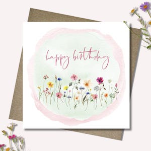 Personalised gift card and envelope. 12.5cm square. Pink green floral wildflower birthday card. Pastel flowers. Watercolour. Generic.