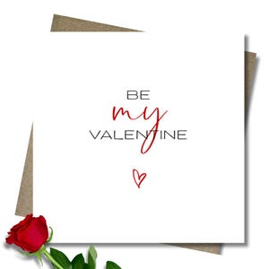 Be my Valentine card & envelope. 12.5cm square card. Customised love card. Red heart. Modern font.Handwritten font.Rustic.Minimal.
