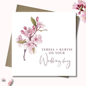 Personalised wedding card & envelope. 12.5cm square card. Customised Bride and Groom.  Pink blossom. Spring branch. Couple's name. Floral.