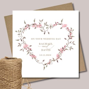 Personalised pink and gold wedding heart wreath card & envelope. 12.5cm square card. Customised Bride Groom. Couple's name date.