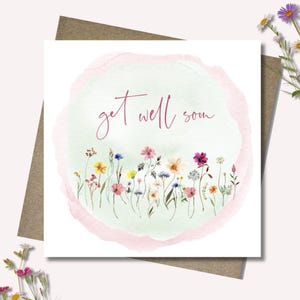 Get well soon card & envelope. 12.5cm square card. Pastel wildflowers. Watercolour. Floral.
