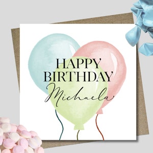 Personalised birthday card & envelope. 12.5cm sq. card. Customised pink, green, blue balloon card. All age birthday. Child. Gelati. Pastels.