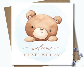 Personalised new baby teddy bear card & envelope. 12.5cm sq. card. Customised birth card. Rustic. Blue. Baby boy.