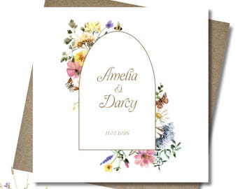 Personalised wedding card & envelope. 12.5cm sq. card. Customised. Bride and Groom. Date. Wildflower. Pastel flowers.Boho.Floral.