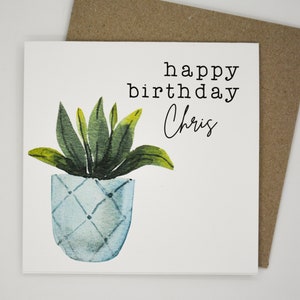 Personalised plant birthday card. Square 12.5cm card and envelope. Customised pot plant card.  Leafy indoor plant. Blue pot.