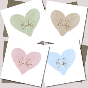 Baby card & envelope. 12.5cm square card. New baby. Welcome card. Blue. Pink. Green. Beige. Neutral. heart. Modern font.