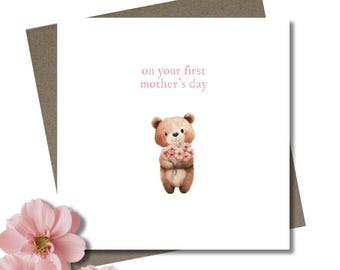 Mother's Day. First Mother's day. Wife on Mother's day card & envelope. 12.5cm square card. Bear with flowers. Pink flowers.
