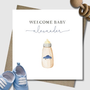 Personalised new baby boy card & envelope. Blue watercolour baby bottle. Baby boy. Welcome customised birth card. 12.5cm square card.