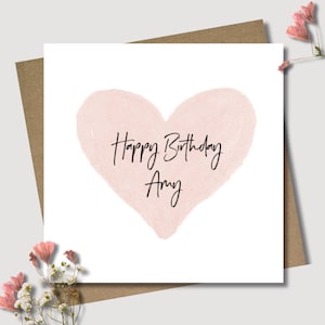 Personalised square birthday card. 12.5 x 12.5cm. Customised gift card. Heart card.  Pink card. Watercolour. Beige. Stone.
