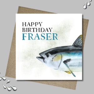 Personalised fish birthday card & envelope. 12.5cm sq. card. Customised fishing card . All age birthday. Boy. Male.