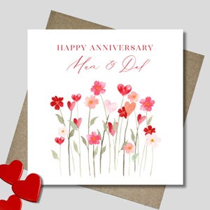 Personalised Anniversary card & envelope. 12.5cm sq card. Customised flower garden love card. Watercolour hearts. Husband. Wife. Partner.