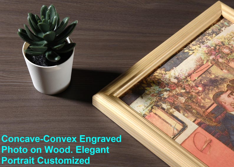 May include: A gold-colored picture frame with a detailed wood grain pattern. The frame is holding a photo of a couple in a garden setting. The text "Concave-Convex Engraved Photo on Wood. Elegant Portrait Customized" is visible at the bottom of the image.