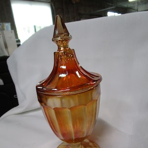 Vintage Jeanette Marigold Carnival Glass Pedestal Compote Candy Dish with Lid
