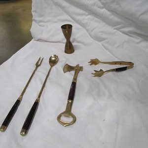 Vintage Brass and Wood Handle Barware Set