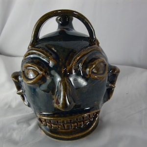 Marvin Bailey Folk Art Pottery Blue Green Top Handle Back Spout 7 Inch Ugly Face Jug