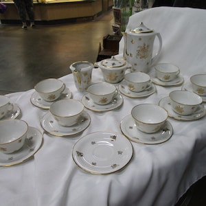 Vintage P. Pastaud Limoges France White Porcelain with Gold Floral Tea Service Set for 10
