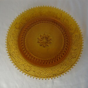 Vintage Indiana Glass Tiara Amber Sandwich Glass Round Serving Platter Sawtooth Edge