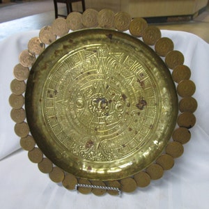 Vintage Brass Mayan Aztec Calendar with 1950's Mexican Centavos Edges Wall Plaque Footed Bowl