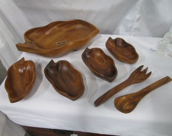 Vintage Leilani Monkey Pod Party Salad Serving Set for 4 with Serving Utensils