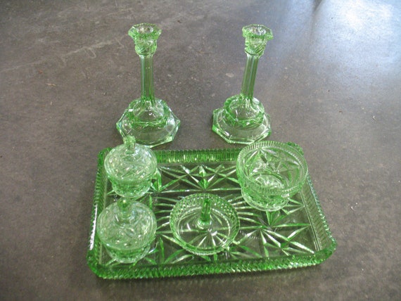 Vintage Green Vaseline Glass Vanity Set Etsy