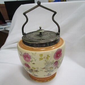 Antique William Wood Co. Handpainted Porcelain Biscuit Jar with Lid and Handle