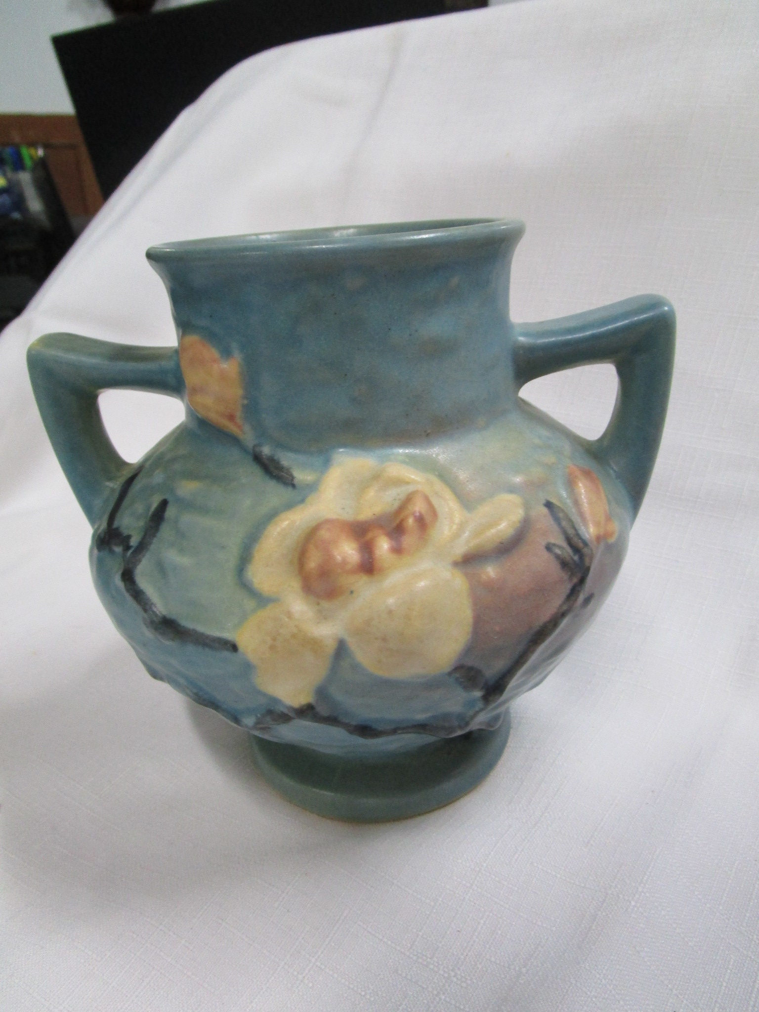 Vintage Roseville Pottery 1806 Blue Magnolia Double Handled Etsy