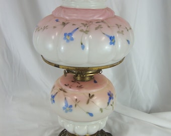 Vintage Milk Glass Handpainted Flowers Oil Kerosene Lamp on Brass Filigree Base