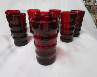 Vintage Anchor Hocking Ruby Red Ribbed Ripple Juice Glasses Set of 8