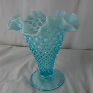 Vintage Fenton Art Glass Aqua Hobnail Opalescent Glass Flared Vase