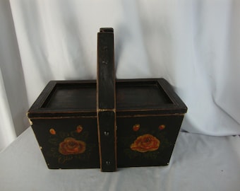 Vintage Painted Floral Sewing Wedding Wood Box with Lift Off Lid